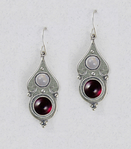 Sterling Silver Gothic Look With Garnet And Rainbow Moonstone Gemstone Drop Dangle Earrings